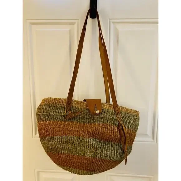 Vtg Woven Jute Leather Strap Straw Sisal Market Round Tote Shoulder Bag Purse - Picture 2 of 12